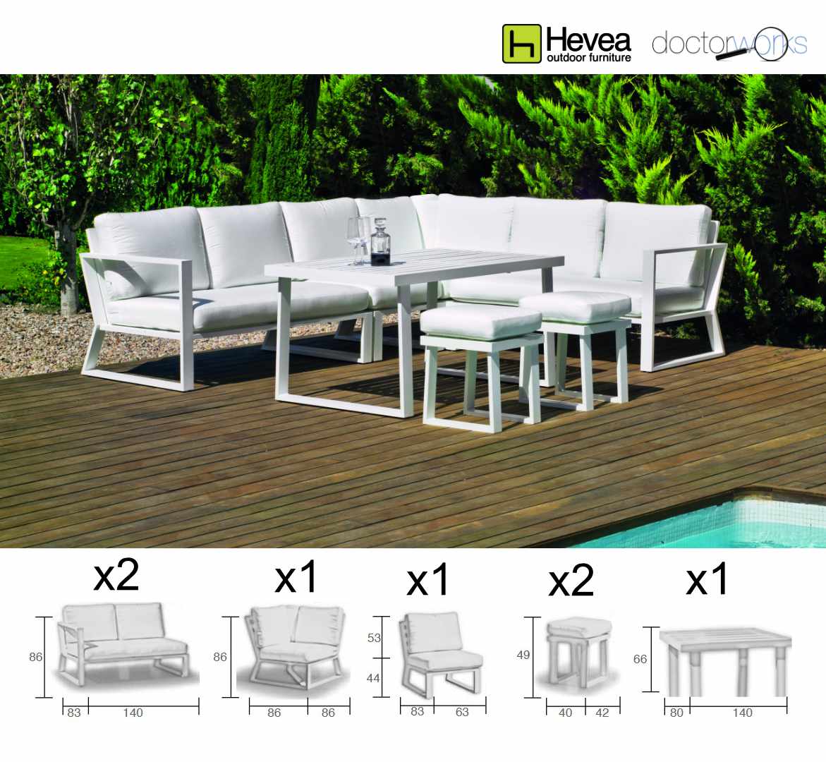 Conjunto Hevea Bolonia 30 sofá rinconera + mesa + 2 taburetes blanco